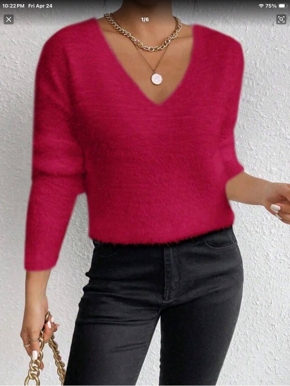 SHEIN Hot Pink V-Neck Fuzzy Knit Sweater